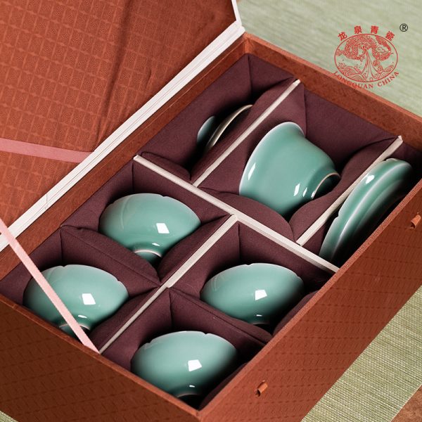 龙泉青瓷功夫茶具套装盖碗茶杯陶瓷手工高档家用喝茶泡茶器礼盒装