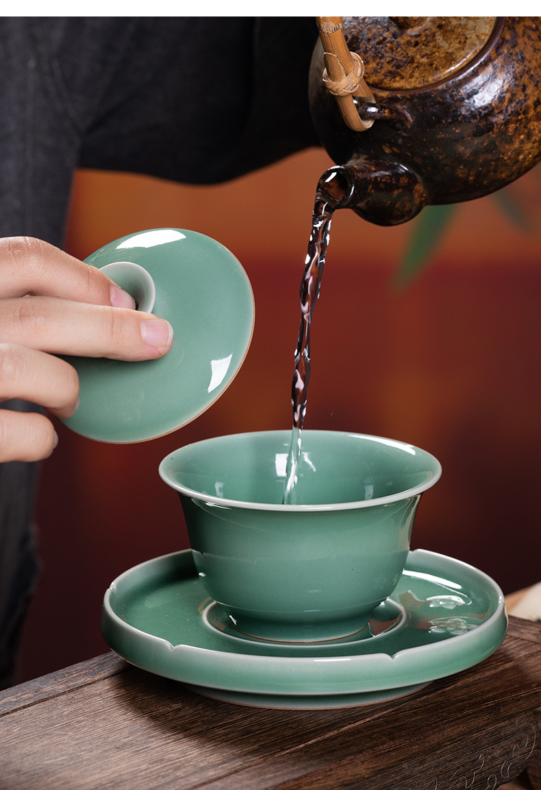 龙泉青瓷三才盖碗大号茶杯家用陶瓷功夫茶具高档礼盒手工敬泡茶碗