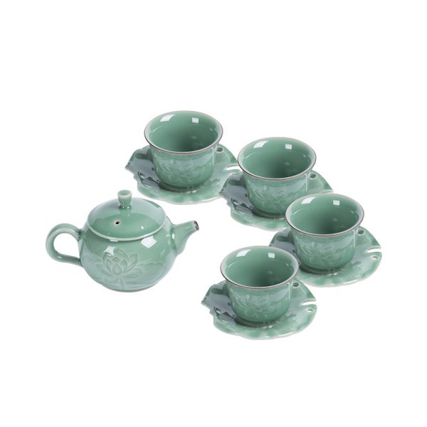 龙泉青瓷 创意中式功夫茶具 陶瓷手工荷花一壶两杯四杯礼盒装代发