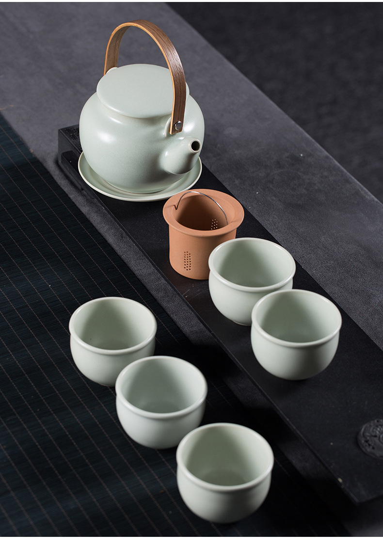 龙泉青瓷 汝窑整套高档功夫茶具 陶瓷冰裂提梁壶茶杯礼盒送礼套装