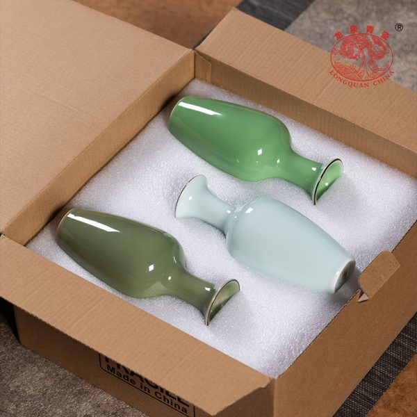 龙泉青瓷小号花瓶子柳叶插花器套装陶瓷中式水培干花客厅装饰摆件