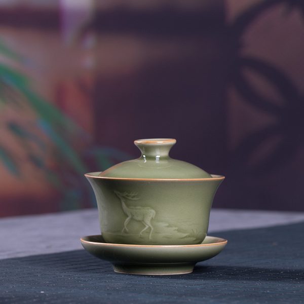 龙泉青瓷 原矿仿古越窑三才盖碗 陶瓷手工泡茶敬茶碗家用功夫茶具
