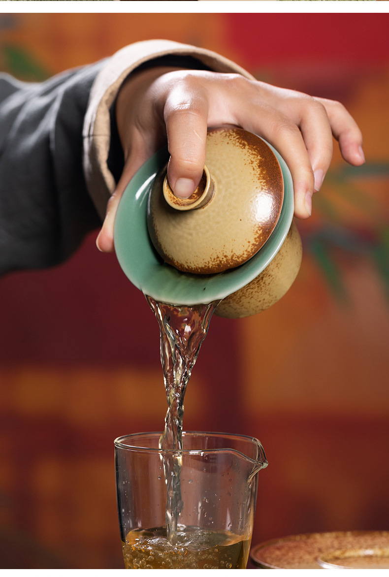 龙泉青瓷 三才盖碗窑变复古手工泡茶碗 陶瓷功夫茶具大号手抓茶碗