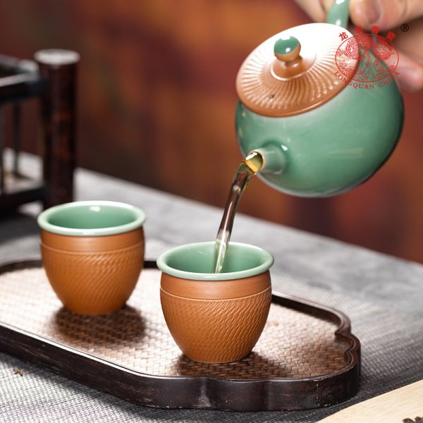 龙泉青瓷 创意手工跳刀一壶两杯四杯茶具套装 陶瓷茶具随手礼礼盒