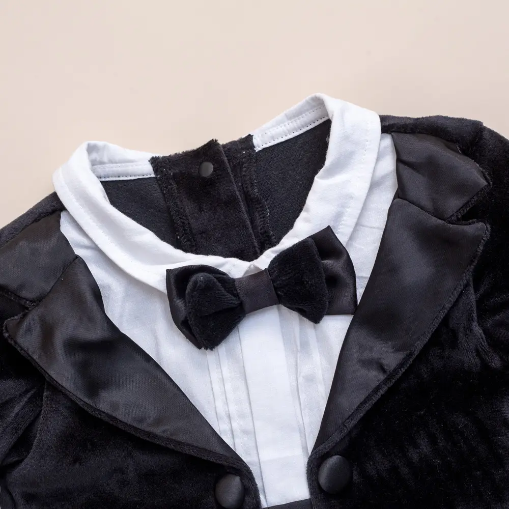 春秋新款婴儿假两件男宝宝周岁生日礼服金丝绒连体baby幼童包屁衣