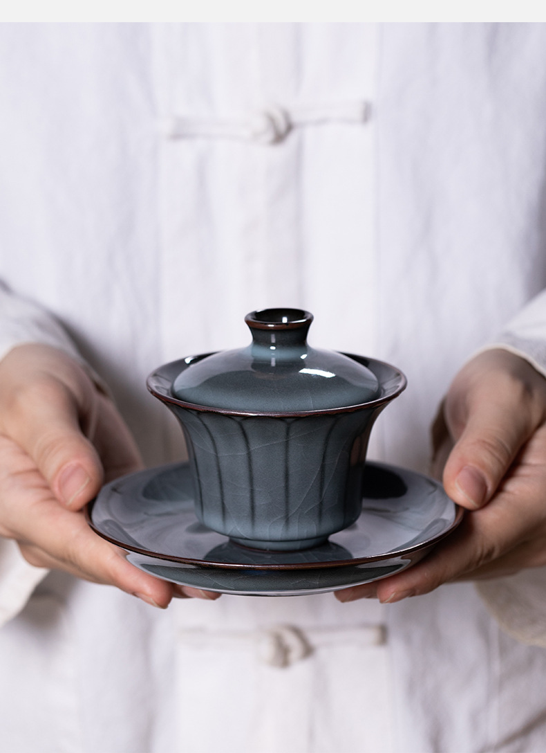 龙泉青瓷三才盖碗茶杯铁胎冰裂纹开片手工陶瓷泡茶功夫茶具单个