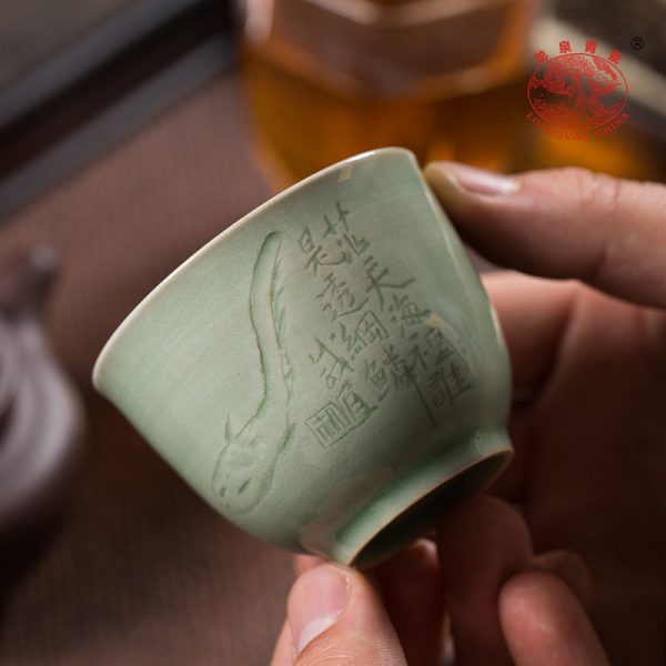 龙泉青瓷 卓鑫伟手作主人杯功夫茶杯 陶瓷高档手工品茗杯豆青茶碗