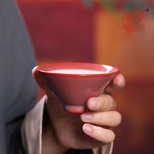 龙泉青瓷 主人杯高颜值女士手工斗笠杯 陶瓷胭脂红品茗杯单杯茶碗