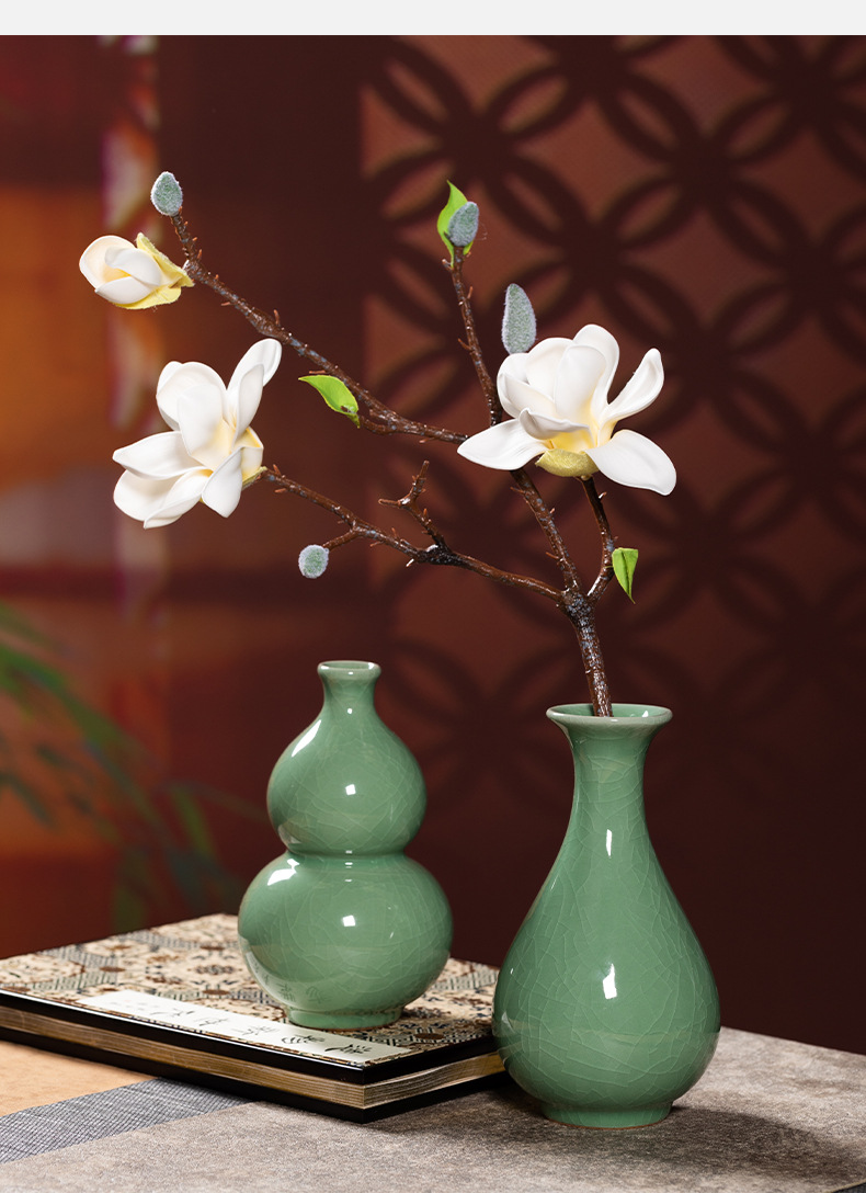 龙泉青瓷小花瓶三件套装陶瓷装饰插花器酒店家居桌面小摆件礼盒装