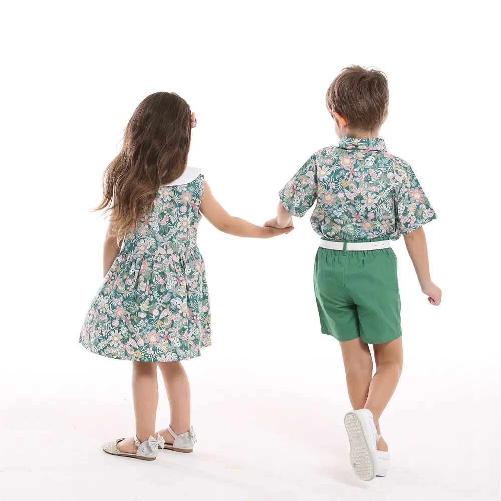 跨境童装新品男孩印花套装短袖代发沙滩风度假衬衫休闲短裤配腰带