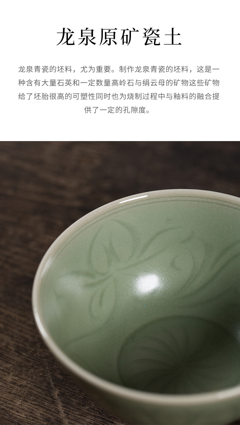 龙泉青瓷 胡建勇纯手工主人杯单杯 陶瓷品茗杯莲纹茶盏茶碗礼盒装
