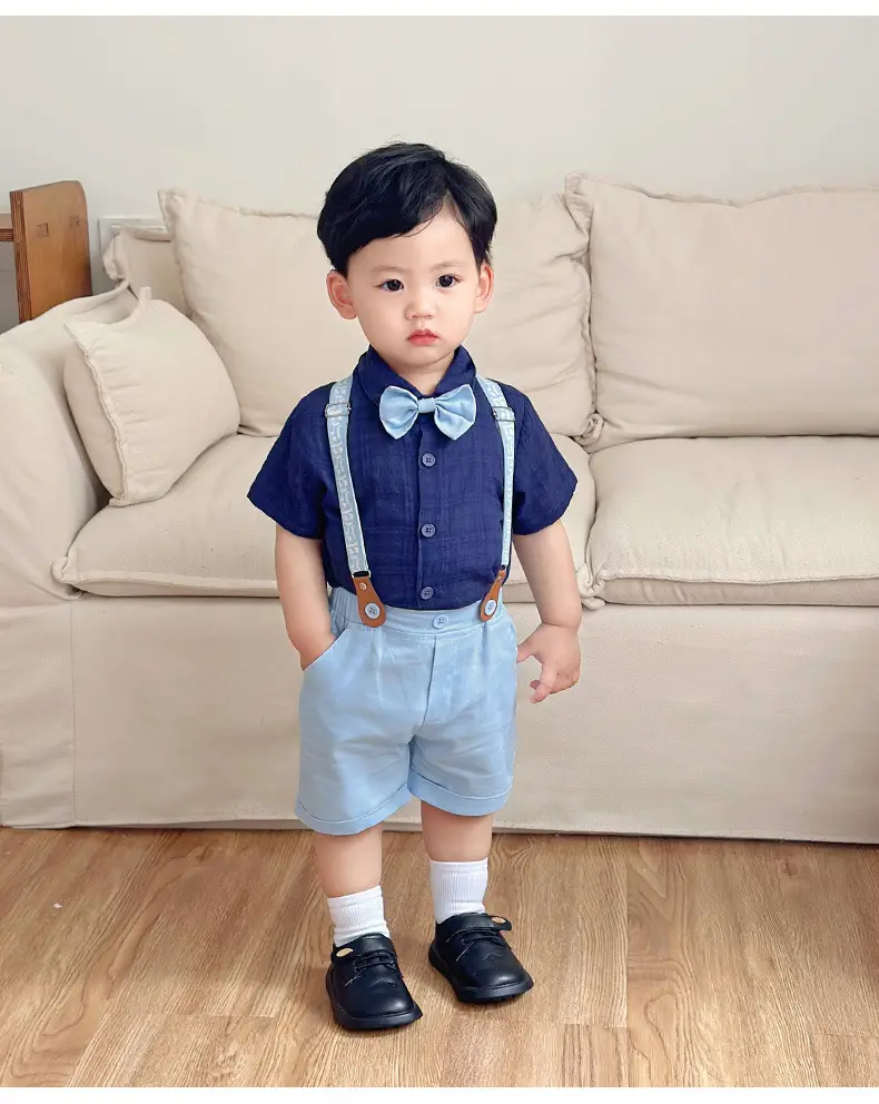 欧美绅士夏款儿童套装宝宝正装polo衬衫背带短裤宴会礼服男童夏装