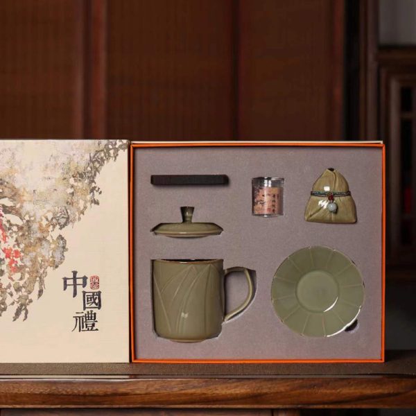 龙泉青瓷办公马克水杯带盖家用果盘香薰套装陶瓷喝茶杯端午节送礼