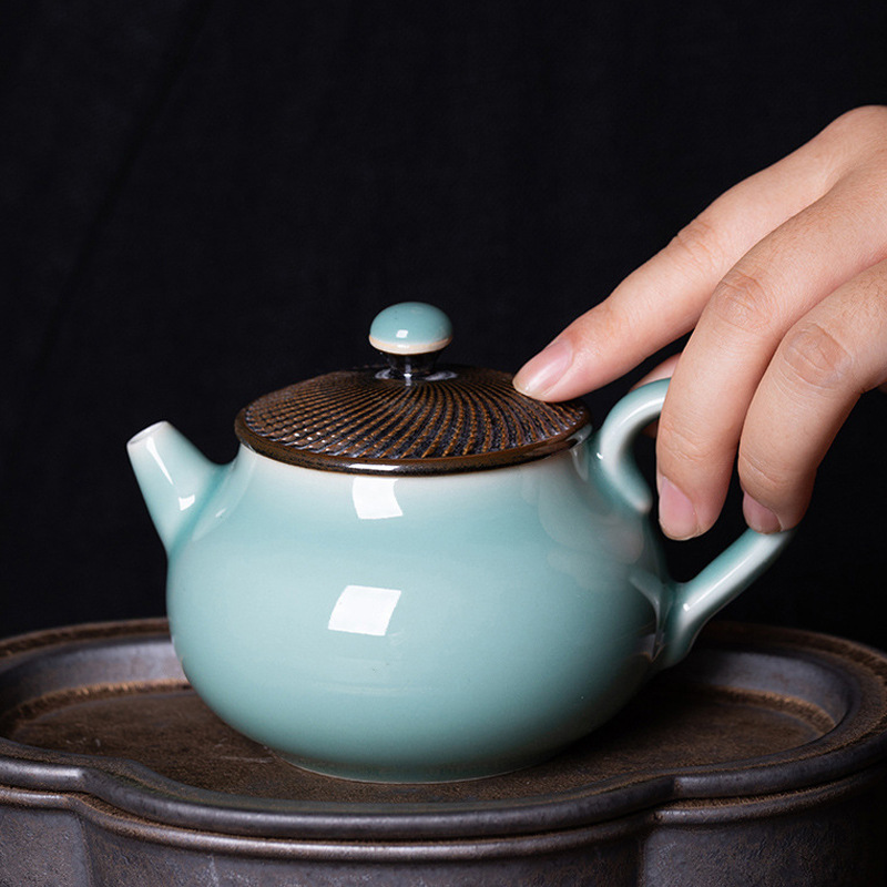 龙泉青瓷 家用创意一壶四杯功夫茶具套装 陶瓷手工跳刀茶壶礼盒装