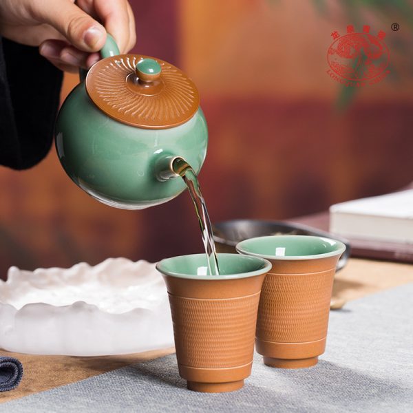 龙泉青瓷 跳刀一壶两杯功夫茶具套装 便携高档泡茶壶主人杯礼盒装