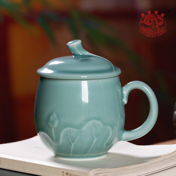 龙泉青瓷办公室带盖茶杯中式泡茶陶瓷家用马克杯水杯个人喝水杯子