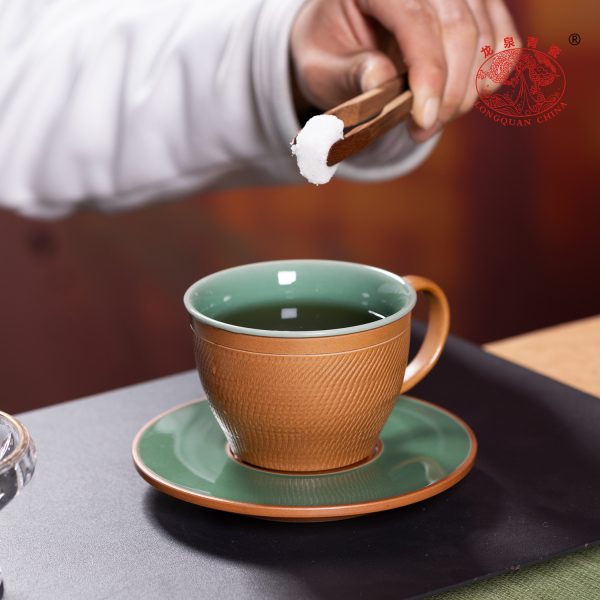 龙泉青瓷咖啡杯碟套装高档精致陶瓷马克杯拿铁拉花杯美式咖啡杯子