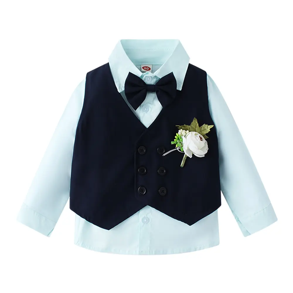 跨境欧美新款春秋长袖衬衫马甲胸花多件套男童婚礼礼服表演服代发
