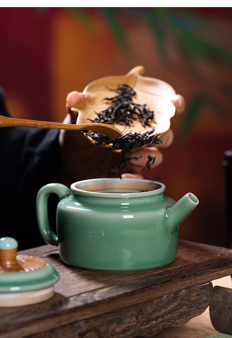 龙泉青瓷 茶壶单壶功夫茶具泡茶壶 陶瓷家用轻奢风跳刀手工泡茶器