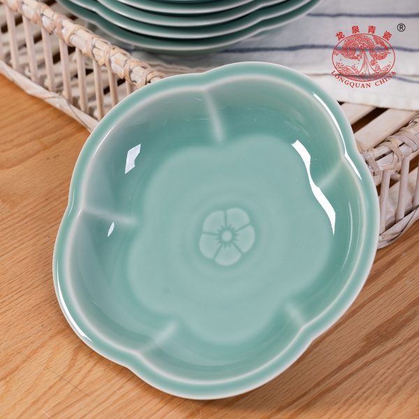 龙泉青瓷菜盘子骨碟梅花盘子家用6早餐盘陶瓷7英寸餐具西餐盘酒店
