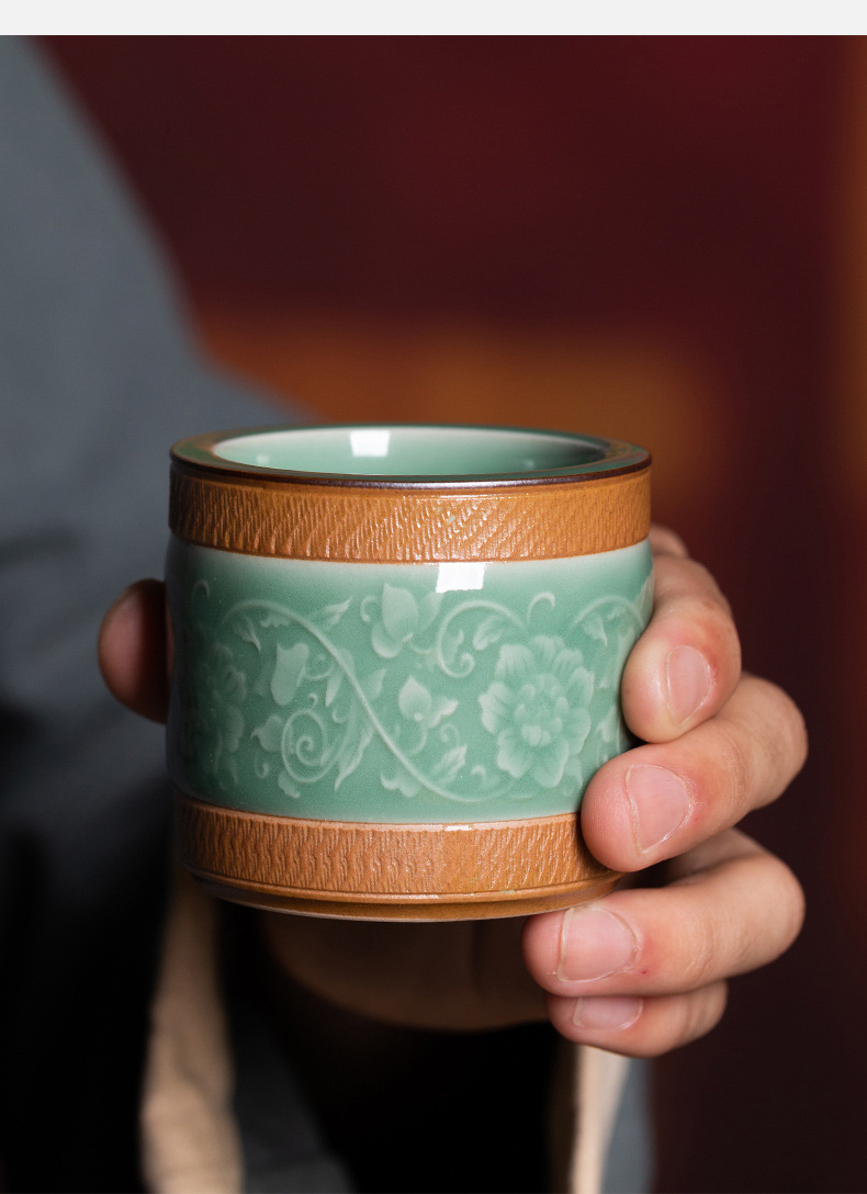 龙泉青瓷 创意手工跳刀缠枝扳指主人杯单杯 陶瓷功夫茶具品茗杯盏
