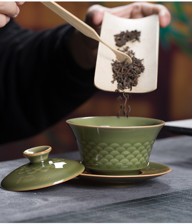 龙泉青瓷 创意复古家用功夫茶具套装 陶瓷盖碗品茗杯茶杯礼品盒装