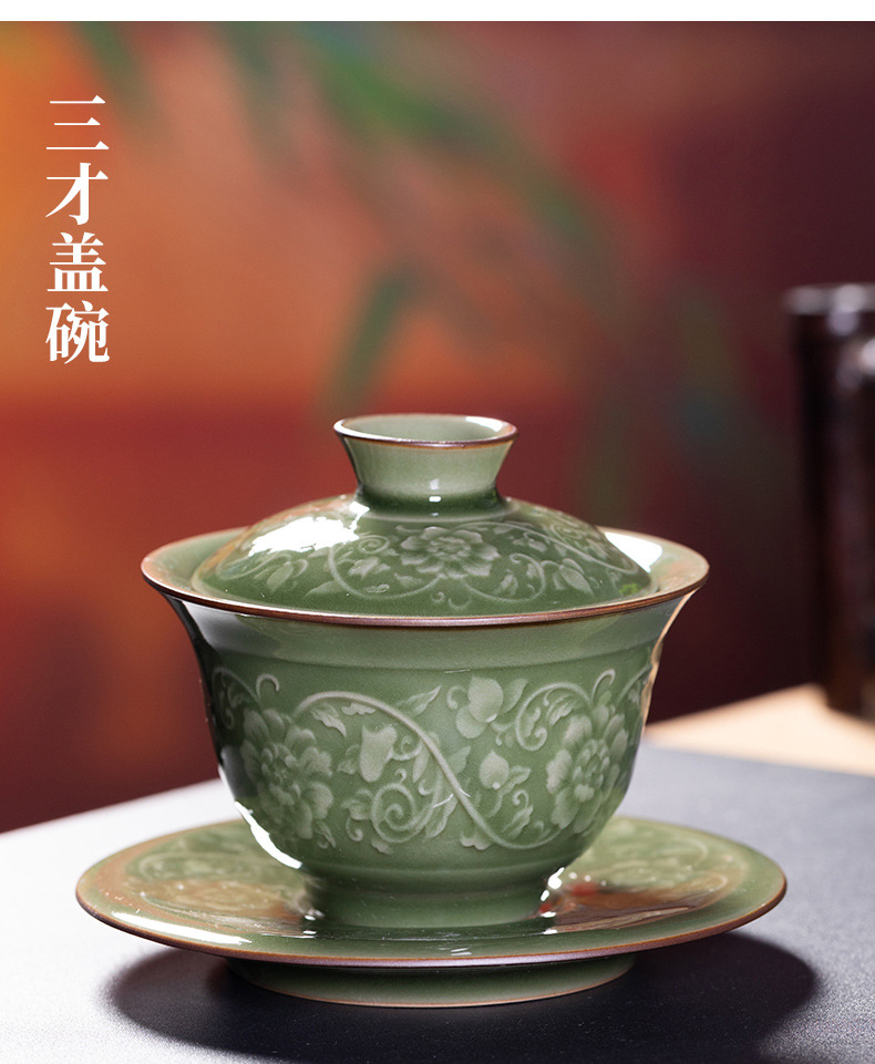 龙泉青瓷 越窑仿古高档功夫茶具套装 陶瓷盖碗泡茶壶品茗杯礼盒装