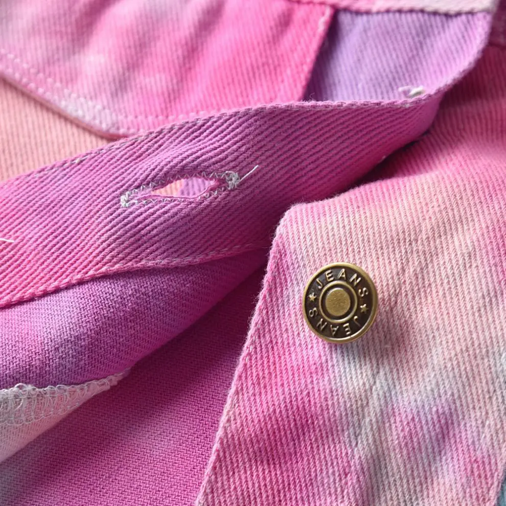 跨境 洋气女男童外套炫彩童装扎染夹克衫单排扣春装破洞牛仔服