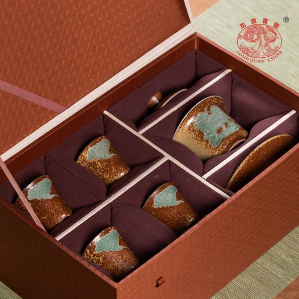 龙泉青瓷 功夫茶具旅行套装柴烧三才盖碗泡茶杯 陶瓷高端一碗四杯