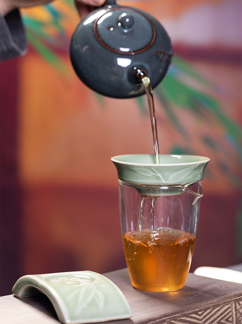 厂家直销 龙泉青瓷功夫茶具配件 陶瓷竹韵茶托茶漏茶叶过滤器批发