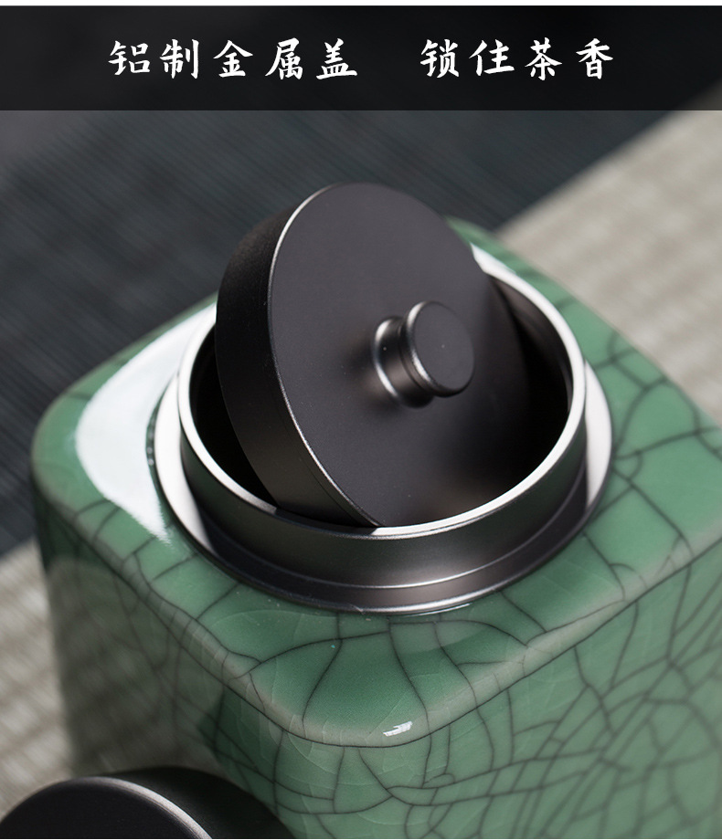 龙泉青瓷  厂家直销陶瓷木盖茶叶罐  哥窑冰裂开片密封存储罐批发