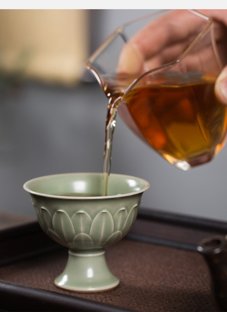 龙泉青瓷 功夫茶杯主人杯单杯 陶瓷高足品茗杯胡建勇手工茶碗礼盒