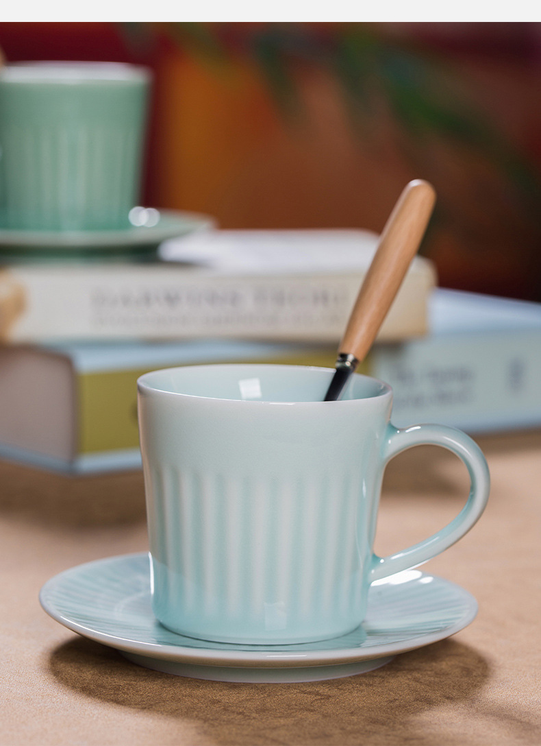 龙泉青瓷 美式家用咖啡杯碟套装水杯 陶瓷马克杯子高档精致早餐杯