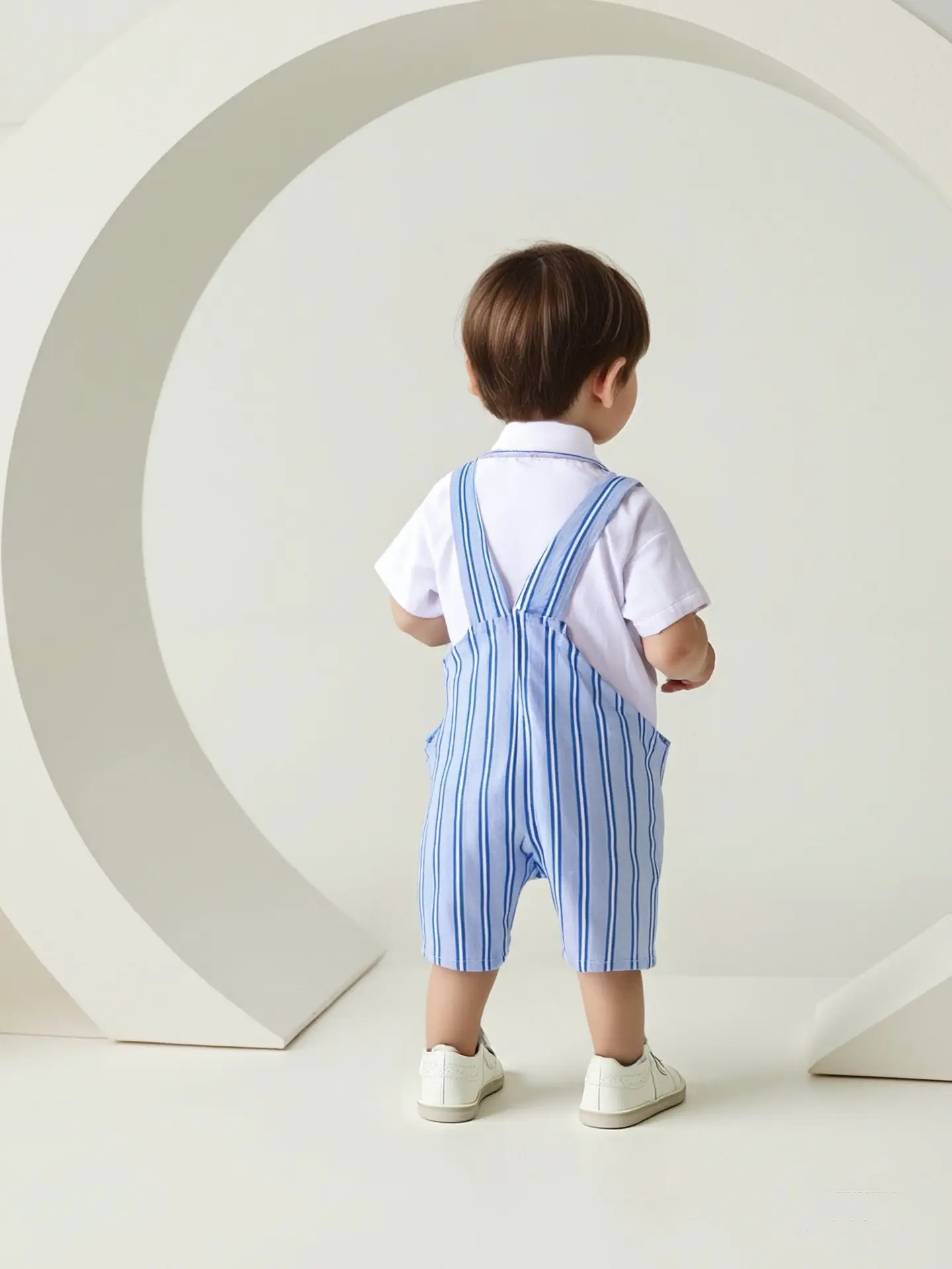 跨境婴儿衣服夏装新款连体衣男宝蓝条纹翻领短袖爬服外出哈衣套装