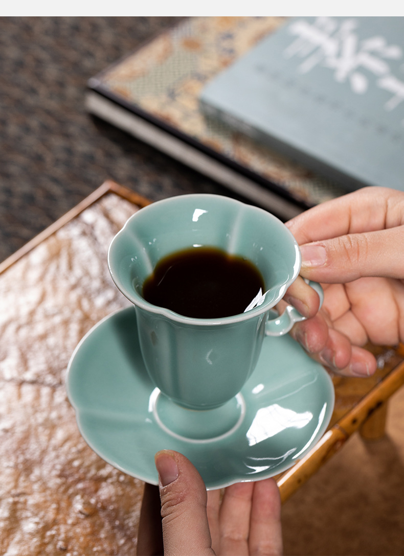 龙泉青瓷咖啡杯碟套装带勺子创意陶瓷杯子家用高档下午红茶牛奶杯