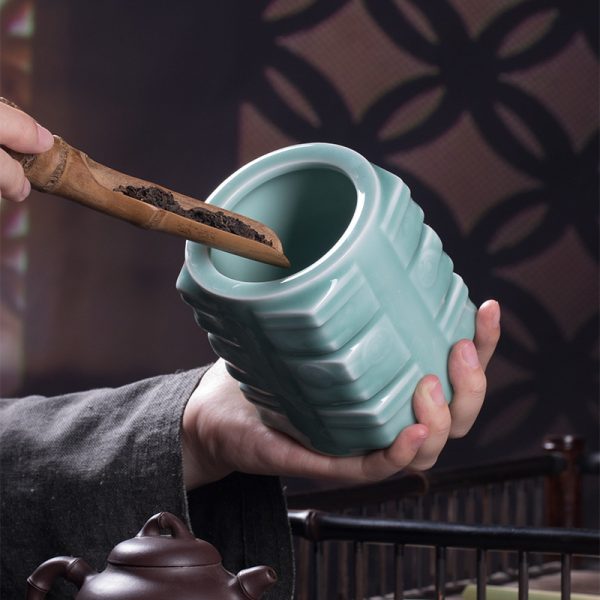 龙泉青瓷 厂家直销创意木盖茶叶罐 陶瓷中式良渚储存茶罐LOGO