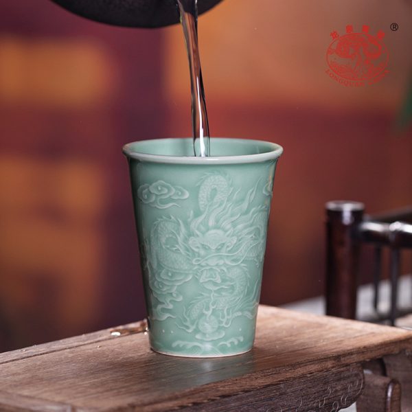 龙泉青瓷 创意大容量无柄单杯功夫茶杯 陶瓷家用龙凤情侣杯可乐杯