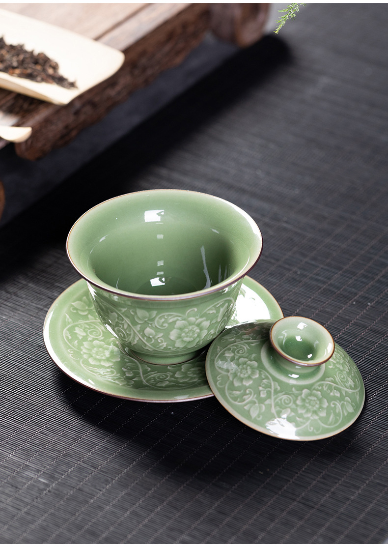 龙泉青瓷纯手工三才盖碗  陶瓷缠枝莲花中式茶道功夫茶具茶碗茶杯