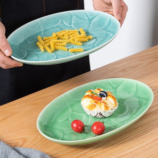 龙泉青瓷 中式创意椭圆形鱼盘 陶瓷酒店家用餐具菜盘牛排意面碟