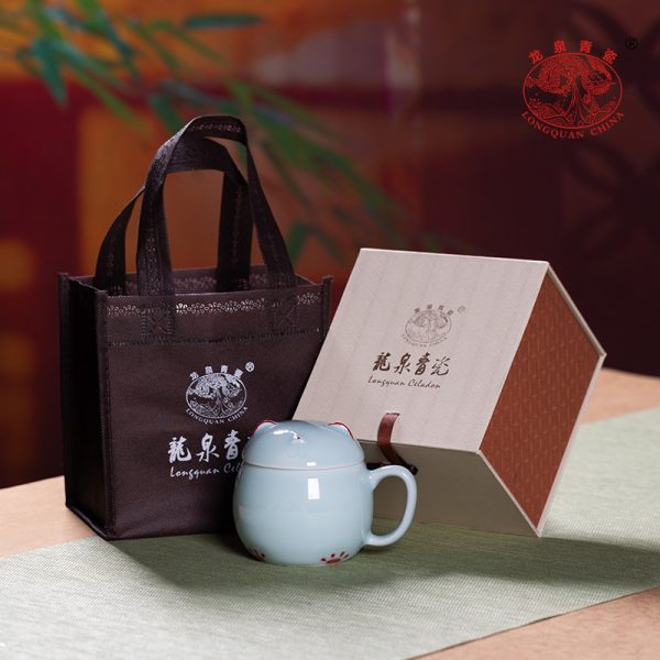 龙泉青瓷马克杯创意陶瓷杯子加盖高颜值招财猫喝水咖啡办公女茶杯
