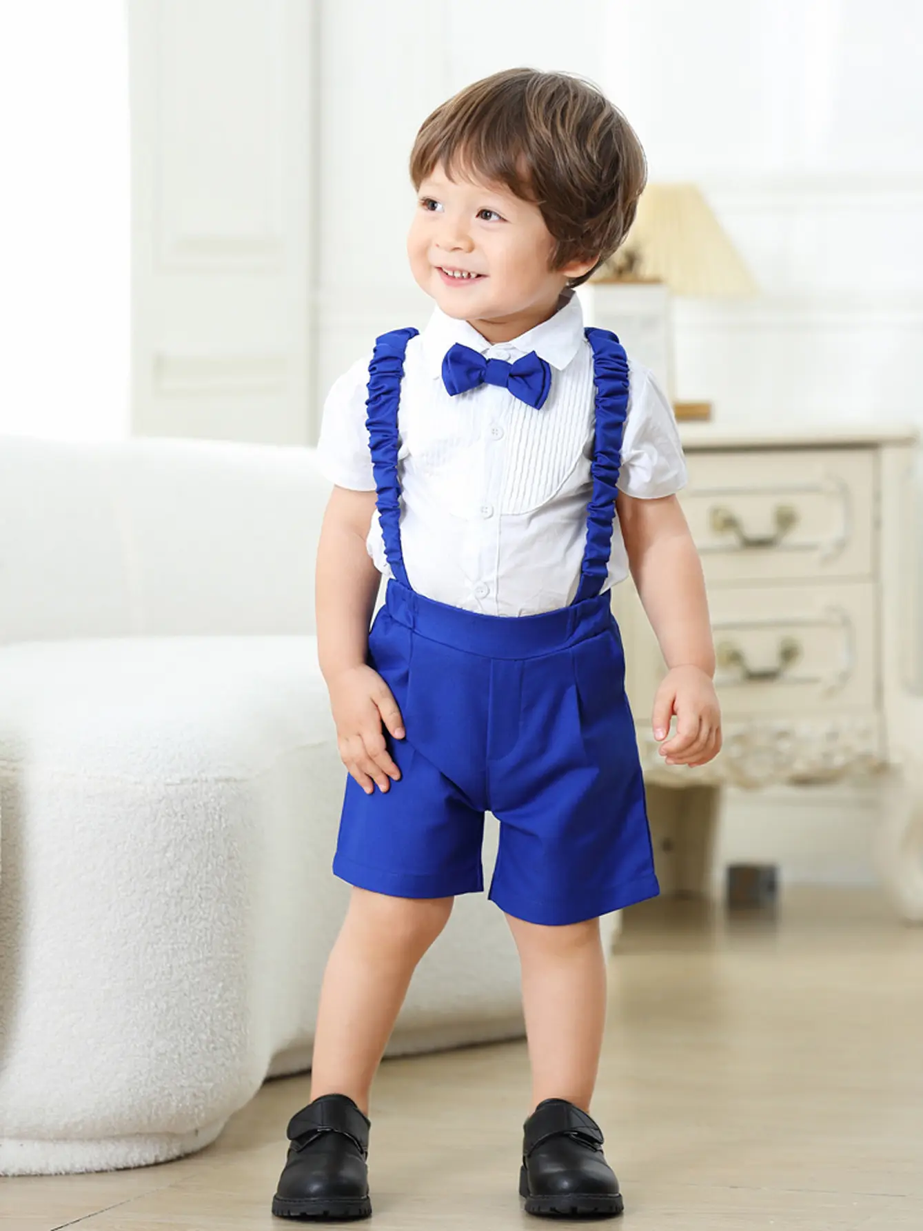 加工定制跨境欧美夏季新款纯色短袖短裤童装宝宝背带裤蝴蝶结套装