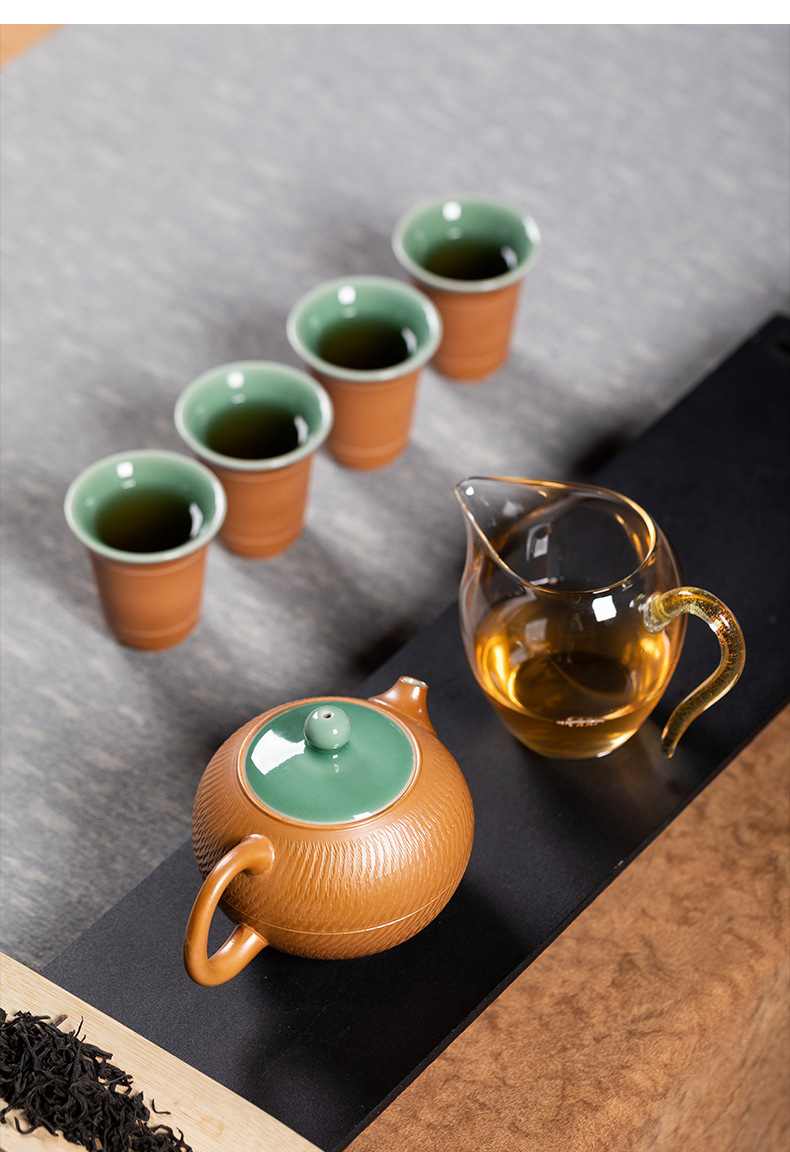 龙泉青瓷 手工跳刀一壶四杯功夫旅行茶具 陶瓷家用便携泡茶壶茶杯