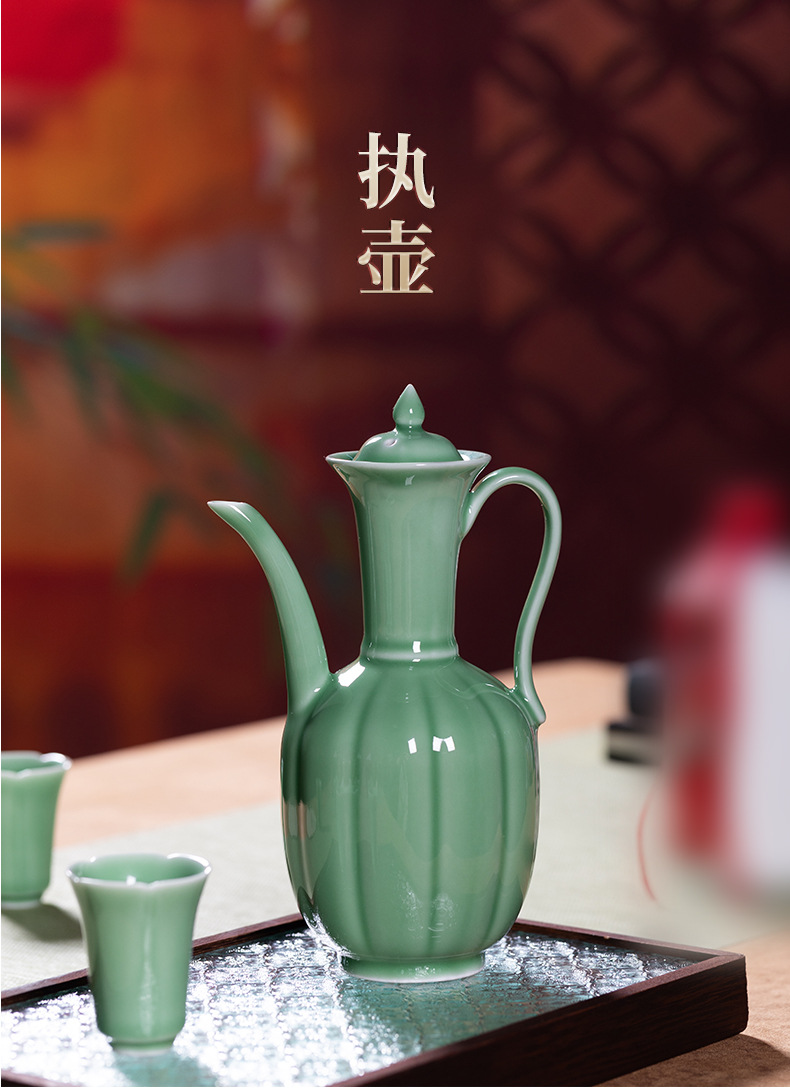 龙泉青瓷仿宋手执壶汤瓶点茶过滤酒壶宋代功夫茶具白酒分酒器套装