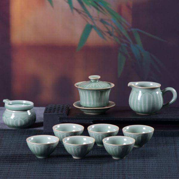 龙泉青瓷 创意仿古莲瓣盖碗套装 家用中式陶瓷功夫茶具泡茶碗茶杯