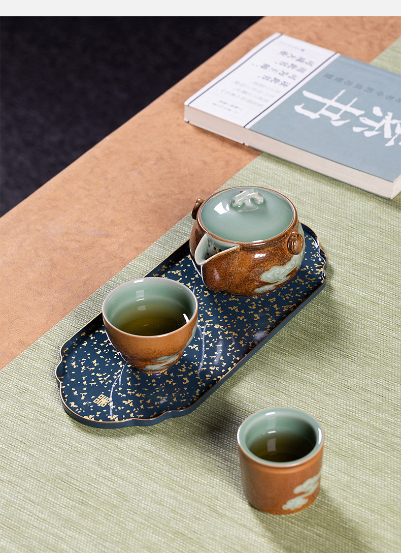 龙泉青瓷 黄铜茶盘轻奢家用功夫茶具干泡台 茶台小型带储水盘托盘