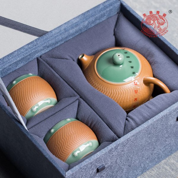 龙泉青瓷 创意跳刀茶具套装便捷家用一壶两杯 陶瓷功夫泡茶西施壶