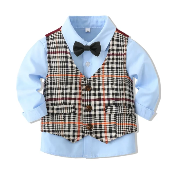 男童套装秋季新款英伦风绅士礼服格纹拼接马甲宝宝西服三件套
