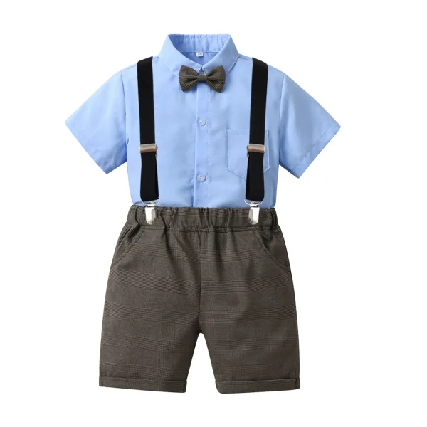 新款男童格子短袖衬衣背带裤绅士四件套中小大儿童宝礼服生日套装