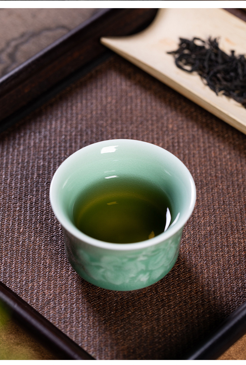 龙泉青瓷 创意手工主人杯单个杯功夫茶杯 陶瓷家用九桃五福品茗杯