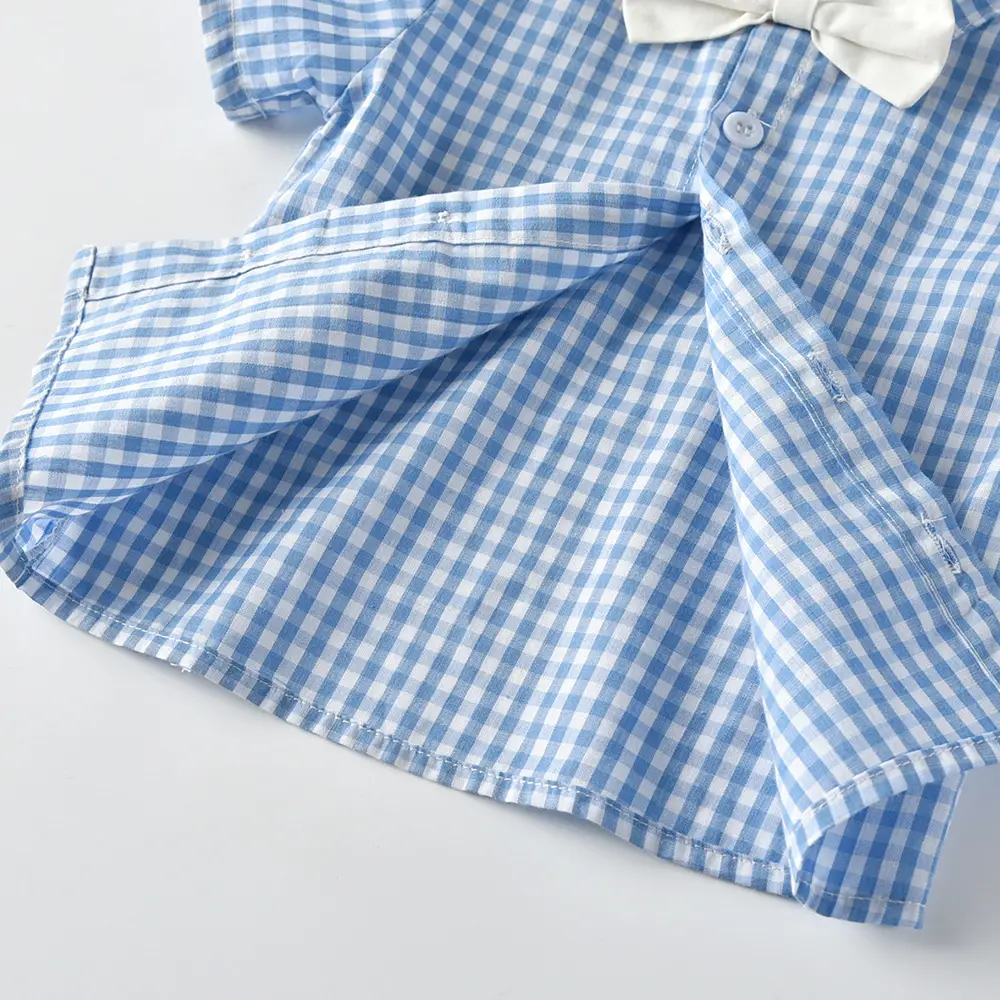 2021夏季男童套装宝宝童装棉衣服格子衬衫儿童短袖夏背带短裤生日